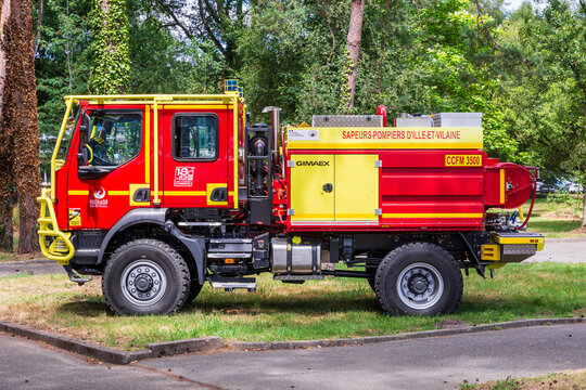 Rennes, France - June 28, 2025: Side view of a wildland fire engine from the Ille-et-Vilaine fire department, made by GIMAEX based on a 4x4 Renault Trucks chassis.