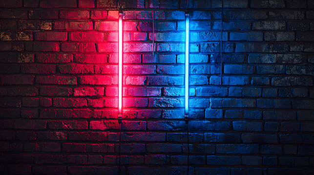 Neon light on brick walls that are not plastered background and texture. Lighting effect red and blue neon background - Powered by Adobe