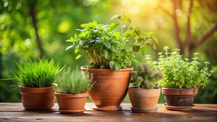 Fototapeta premium Terracotta pot herb garden under natural light, greenery, plant arrangement, greenery