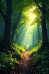 Naklejka premium Sun-Dappled Path A Magical Journey Through an Ancient Forest. Sunlight filters through the leaves, creating a serene and mysterious atmosphere perfect for adventure and tranquility.