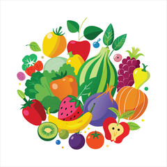 Colorful Illustration of Various Fresh Fruits and Vegetables in Vibrant Style