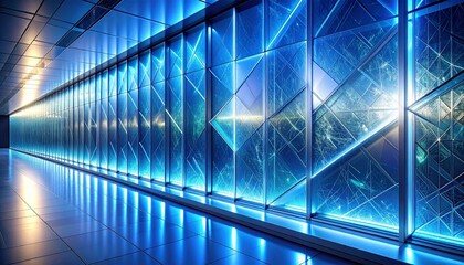 Futuristic corridor with neon-blue lights and reflective glass walls, sci-fi interior.