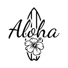 Logo club de surf. Letras palabra manuscrita Aloha con tabla de surf y flor de hibisco con líneas 