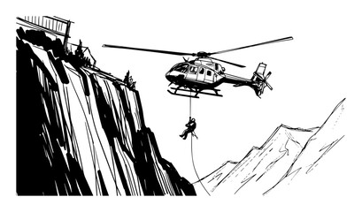 helicopter mountain cliff rescue operation sketch vector © Mago