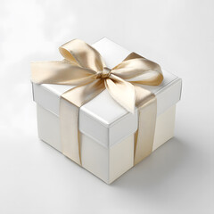 Obraz premium Luxury white gift box with golden bow, placed on shimmering background. Perfect for celebration themes, product presentations, or festive marketing visuals. Elegant and upscale look.
