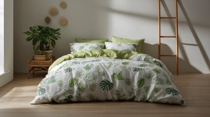 Kid bedroom in jungle tones, top corner light projecting animal pattern shadow onto floor, vibrant cotton bedding with