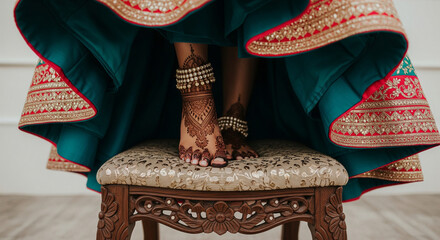 Close up showcases henna designs on bride's feet adorned with anklets during a vibrant Indian wedding ceremony
