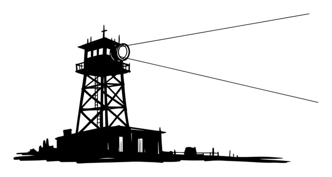 prison watchtower with searchlight silhouette sketch vector