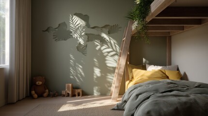 Kid bedroom in jungle tones, top corner light projecting animal pattern shadow onto floor, vibrant cotton bedding with