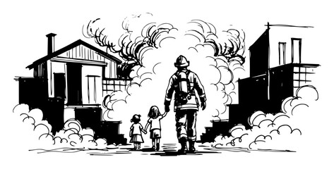 Obraz premium brave firefighter rescuing children from burning house sketch vector