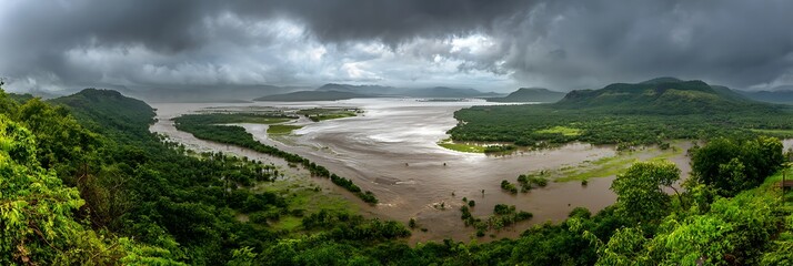 Inland sea overflowing into jungle basin with rising tides and thunderstorm