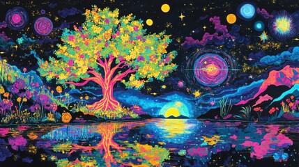 Vibrant, psychedelic landscape with a central tree reflected in a serene body of water, set against a cosmic night sky