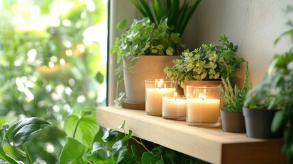 Wooden shelf with potted plants and candles, overlooking a garden