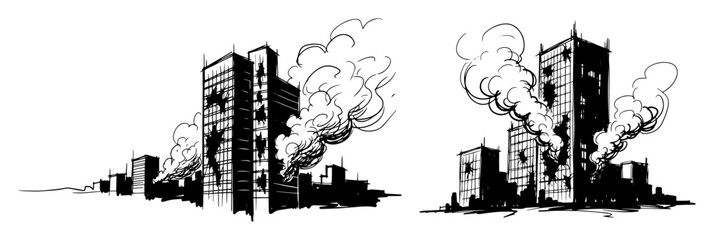 Obraz premium destroyed city skyline after war disaster sketch vector