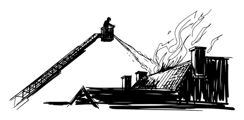 Obraz premium firefighter on ladder truck putting out house fire vector