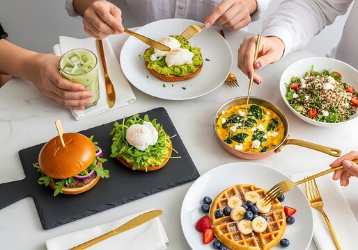 People Eating A Modern Brunch Spread Of Avocado Toast, Waffles, A Burger, And Frittata With Golden Cutlery On A White Table, Healthy Lifestyle, Social Dining