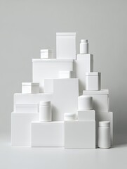 Obraz premium A minimalist composition of various-sized blank white boxes and containers arranged in a tiered structure against a light gray background