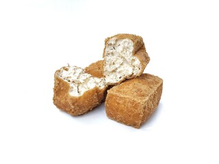 Tahu sumedang or Indonesian food made from deep-fried tofu. Isolated on white background 