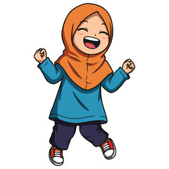 Joyful Muslim Girl Cartoon Illustration Happy, Cheerful, and Playful Child