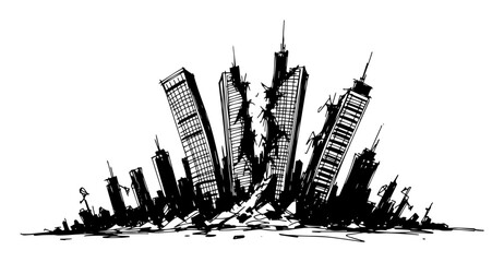 Naklejka premium black and white vector sketch collapsing skyscrapers after earthquake