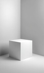 A minimalist image of a large, white cube sitting in a corner of a bright, white room, subtly lit
