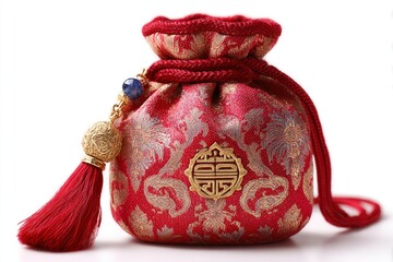 Redgold brocade drawstring pouch with red tassel blue bead and cord on white