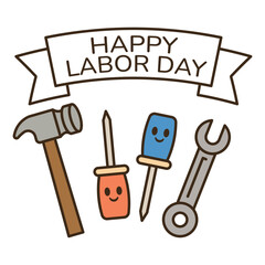 Cute cartoon tools with smiling faces under a Happy Labor Day banner. Perfect for fun and kid-friendly Labor Day designs.