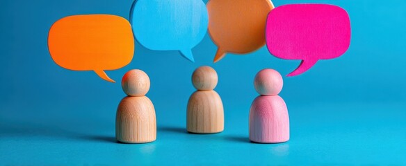 The wooden figures engaged in colorful conversations with speech bubbles.
