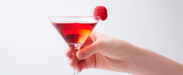 The elegant cocktail garnished with a raspberry in a stylish glass.