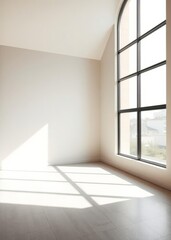 Minimalist living room corner in neutral tones with no furniture and a large window filling the room with natural lighting residential interiors with copyspace Empty room interior design Ultra real