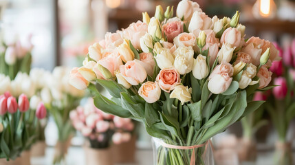 Beautiful bouquet of pastel roses and tulips arranged in a glass vase at a floral shop during daylight