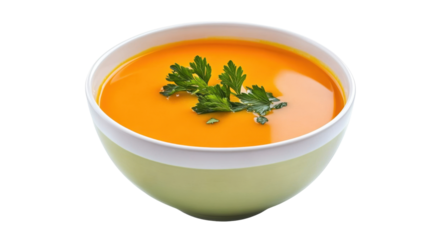 Creamy Pumpkin Soup Garnished with Fresh Cilantro in a Stylish Bowl on Transparent Background