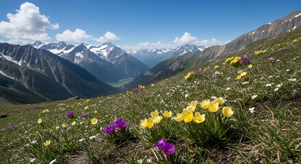 Fototapeta premium Alpine Meadow with Colorful Flowers and SnowCapped Mountains in the Background