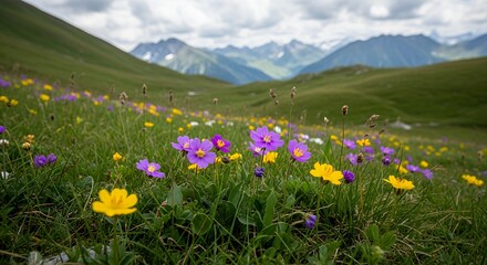 Fototapeta premium Alpine Meadow with Purple and Yellow Flowers against Mountain Backdrop