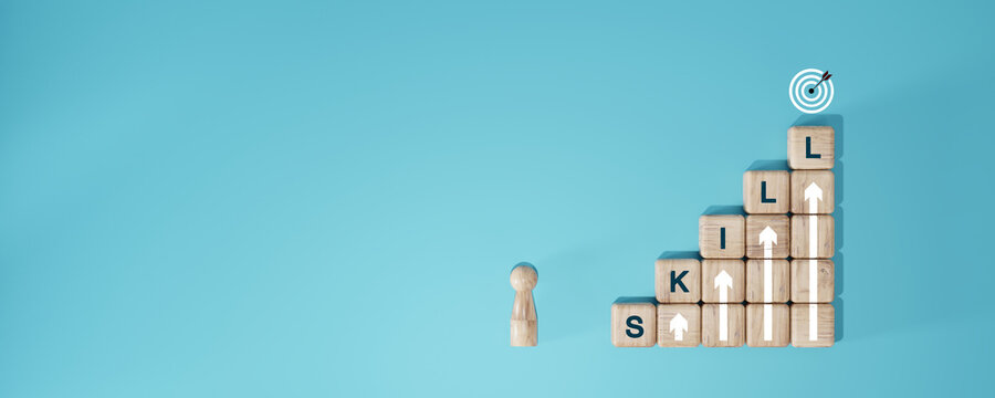 Minimal wooden blocks spelling "SKILL" in staircase layout with human figure and target icon. Concept of learning, personal growth, career development, and goal setting.