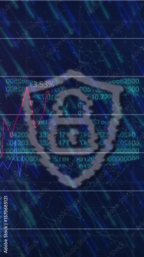 Poster light trails over security padlock and chain icon against data processing on blue background