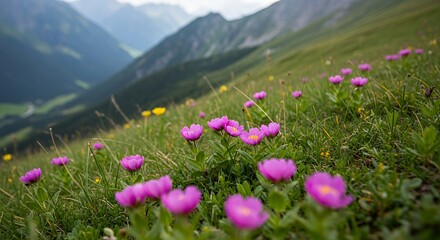 Obraz premium Alpine Meadow with Purple Flowers and Distant Mountain Peaks