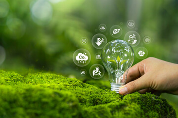 CO2 reduction concept, environmental sustainability and green business based on renewable energy, green business fundamentals, emissions, carbon footprint, carbon credit, carbon neutral
