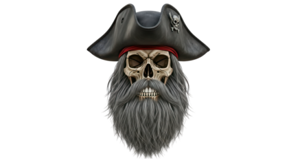 Skull Pirate With Long Grey Beard And Hat isolated on a transparent background bandana