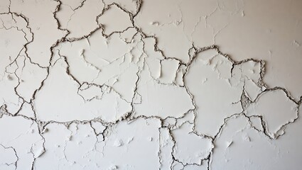 Obraz premium A close up of a white wall with large cracks and peeling paint showing signs of significant damage
