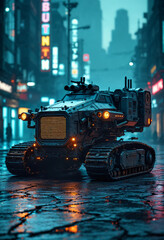 A weaponized, armored land vehicle built like an excavator, used by a bounty hunter in a cyberpunk world, equipped with mounted guns, scanners, and reinforced treads.