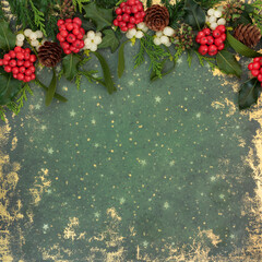 Christmas winter flora abstract nature background border, red holly berries, mistletoe, ivy, cedar...