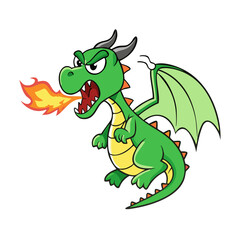 Angry green dragon cartoon character flying and spitting Fire 