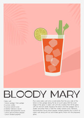 Bloody Mary cocktail with ice cubes, celery stick, and lime garnish in a tall glass on a pink background. Poster of classic alcoholic drink made with vodka and tomato juice. Flat vector illustration.