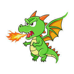 Fototapeta premium Angry green dragon cartoon character flying and spitting Fire 