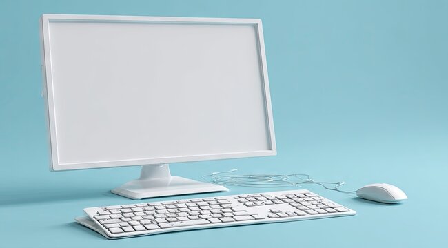 A minimalist white desktop computer with blank screen, keyboard, and mouse sits on a light blue background