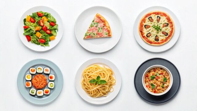 Overhead shot of diverse healthy meal options: fresh salad, pizza slice, sushi, pasta, and seafood risotto.