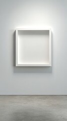 A minimalist white square recessed frame hangs on a pale wall above a polished concrete floor in a brightly lit gallery space