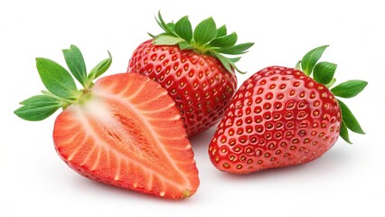 Two whole strawberries and one halved strawberry, vibrant red, fresh, juicy, and appetizing, isolated on white background.