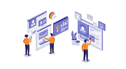 Isometric illustration of people interacting with digital interfaces and data analytics